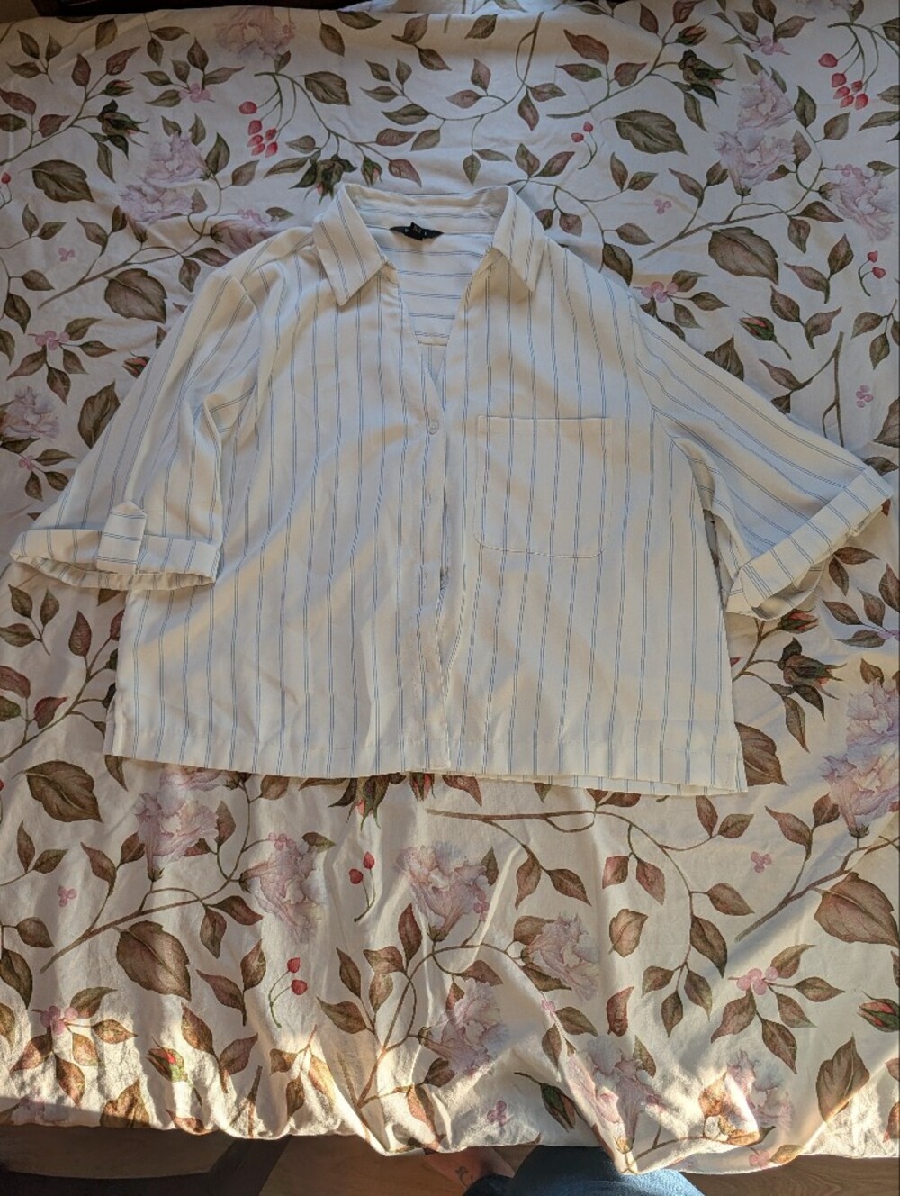 RW&CO. Light Cream Blouse with Light Blue Pinstripes